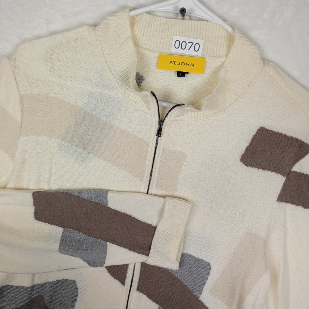 St John Full Zip Cardigan‎ Sweater Cream Abstract Geometric Mock Neck Womens L